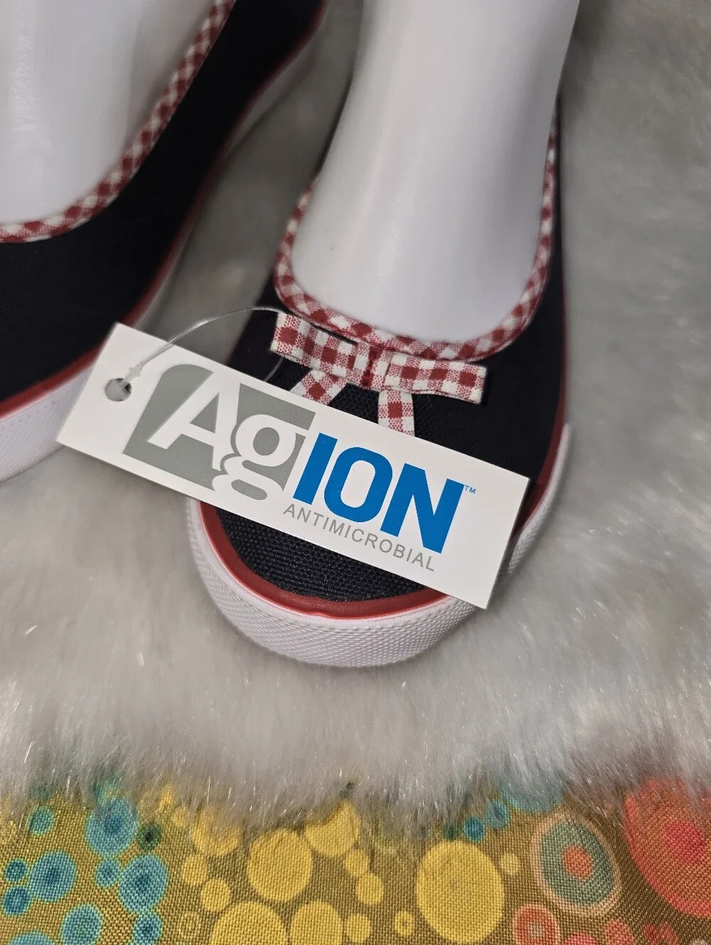 Lands End Girls Navy Canvas Ballet Flats with Red Gingham Trim & Bow